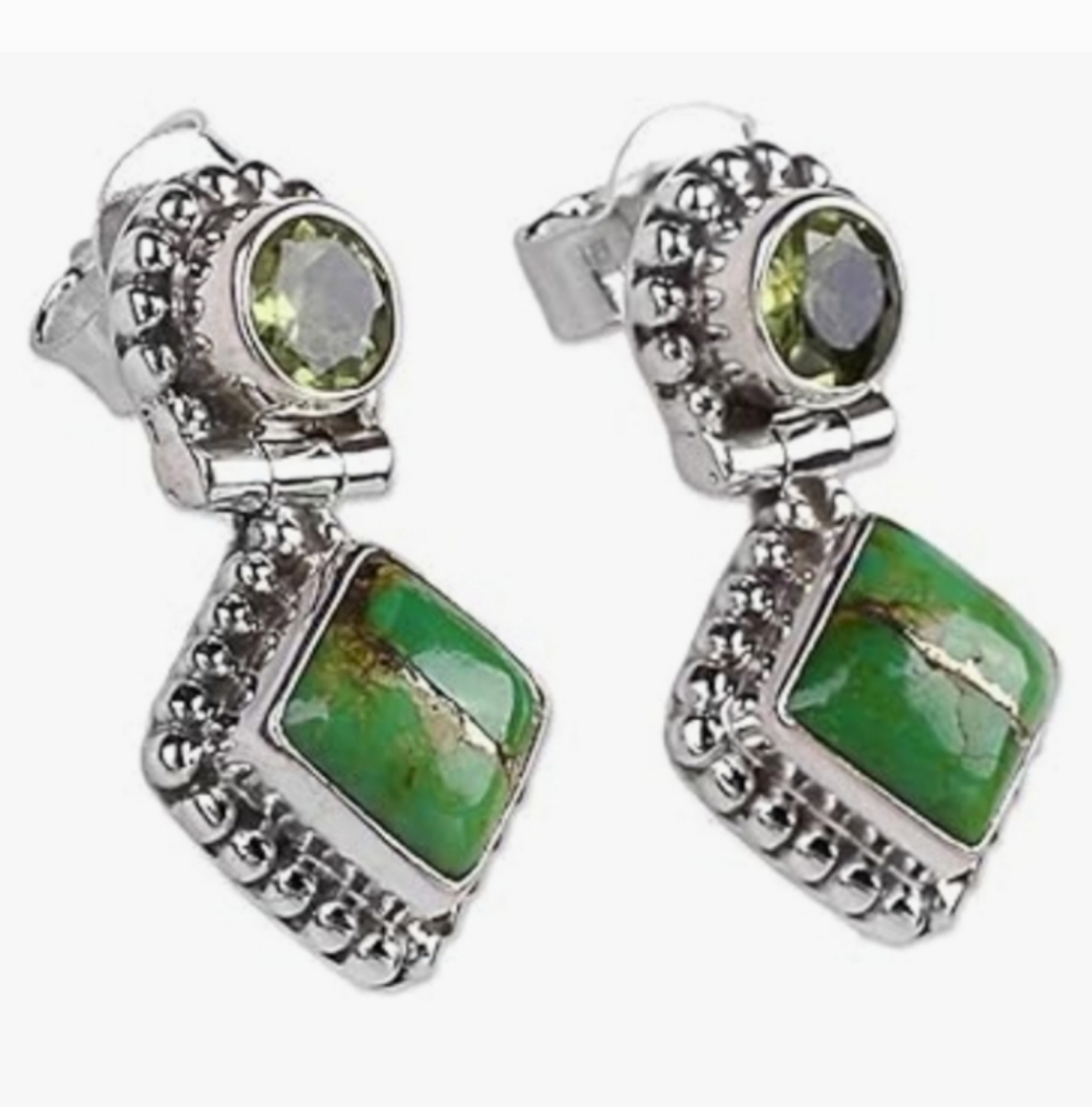 NEW! Bohemian Silver & Green Stud Earrings